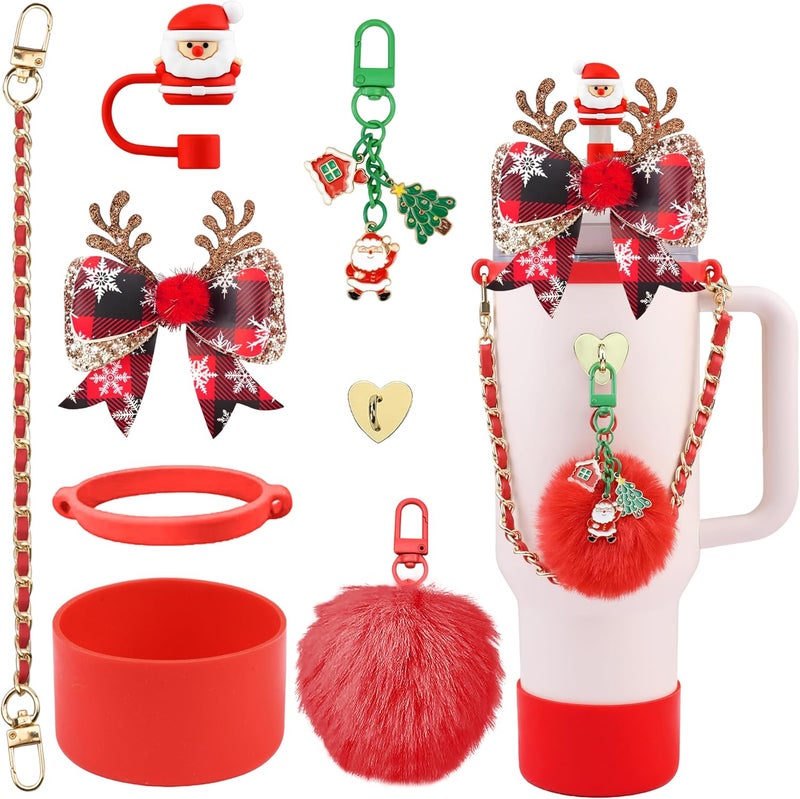 SEMATA Christmas Accessories for Stanley Cup 40oz & 30oz Tumbler Including Silicone Cute Santa Claus Straw Topper Cover, Cup Boot,Leather Water Bottle Handle Strap, Charms(Red Green) - Image 1